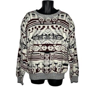 Vintage 80s Expressions Chunky Knit Sweater Mens Size L Gray White Geometric